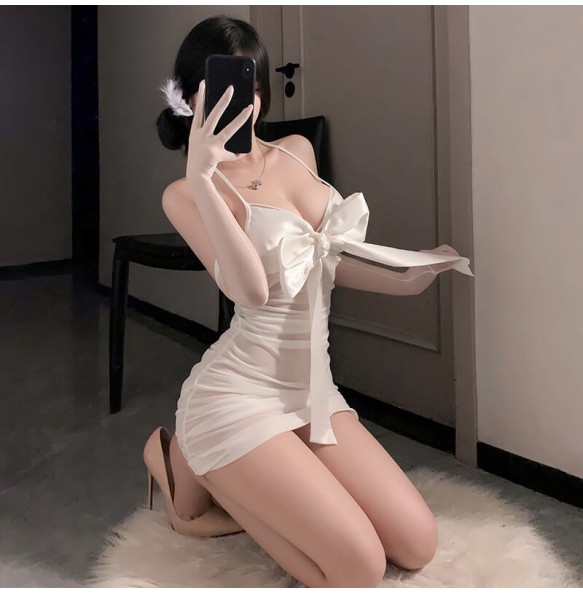 FEE ET MOI - Bow-Decorated Ruched Sheer Nightdress (White)